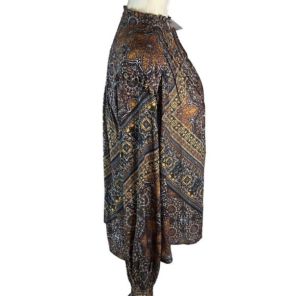 Free People Little Runaway Geometric Print Boho Peasant Top Blouse Size XS Brown - Picture 5 of 12